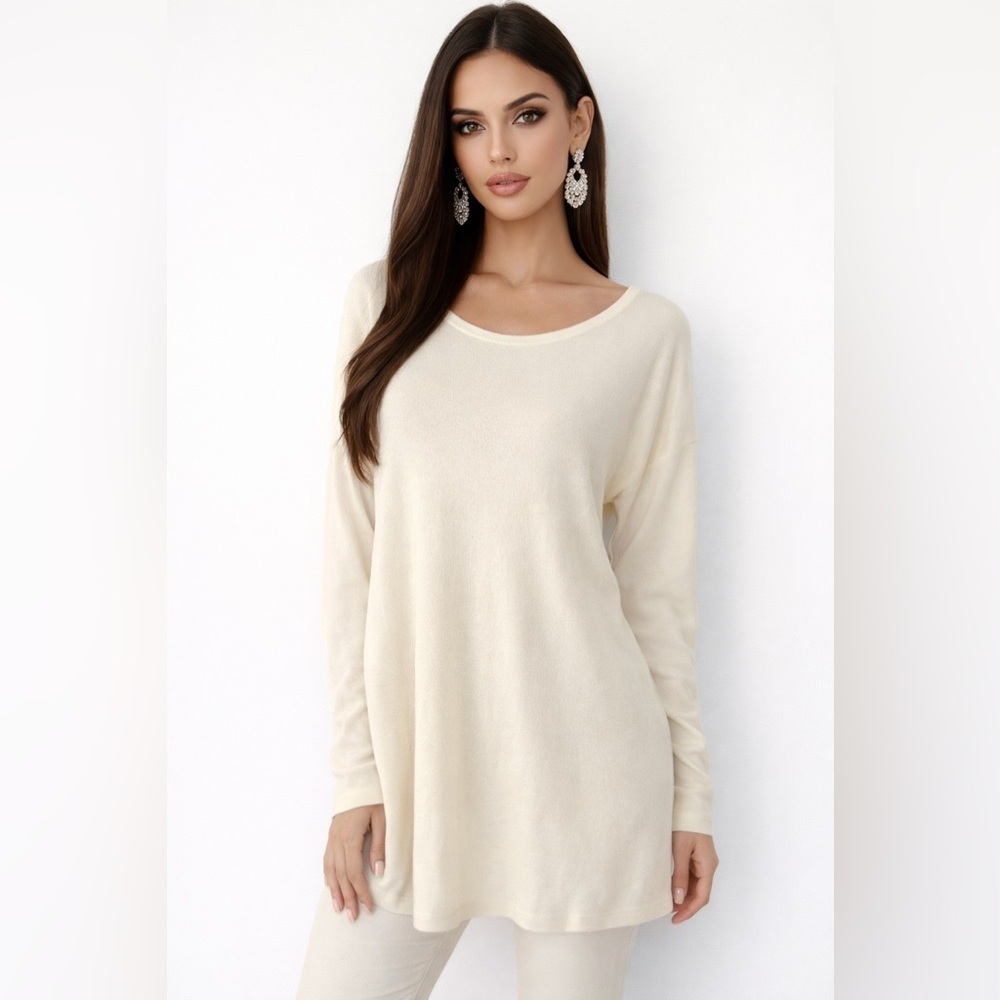 Soft Surroundings Ivory Tunic High Low Zipper In Back Size Medium 3/4 Sleeve